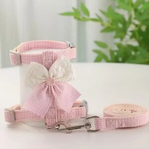 BOW 🎀 Small Dog or Cat Pink & White Bow Adjustable Pet Harness with Leash NEW